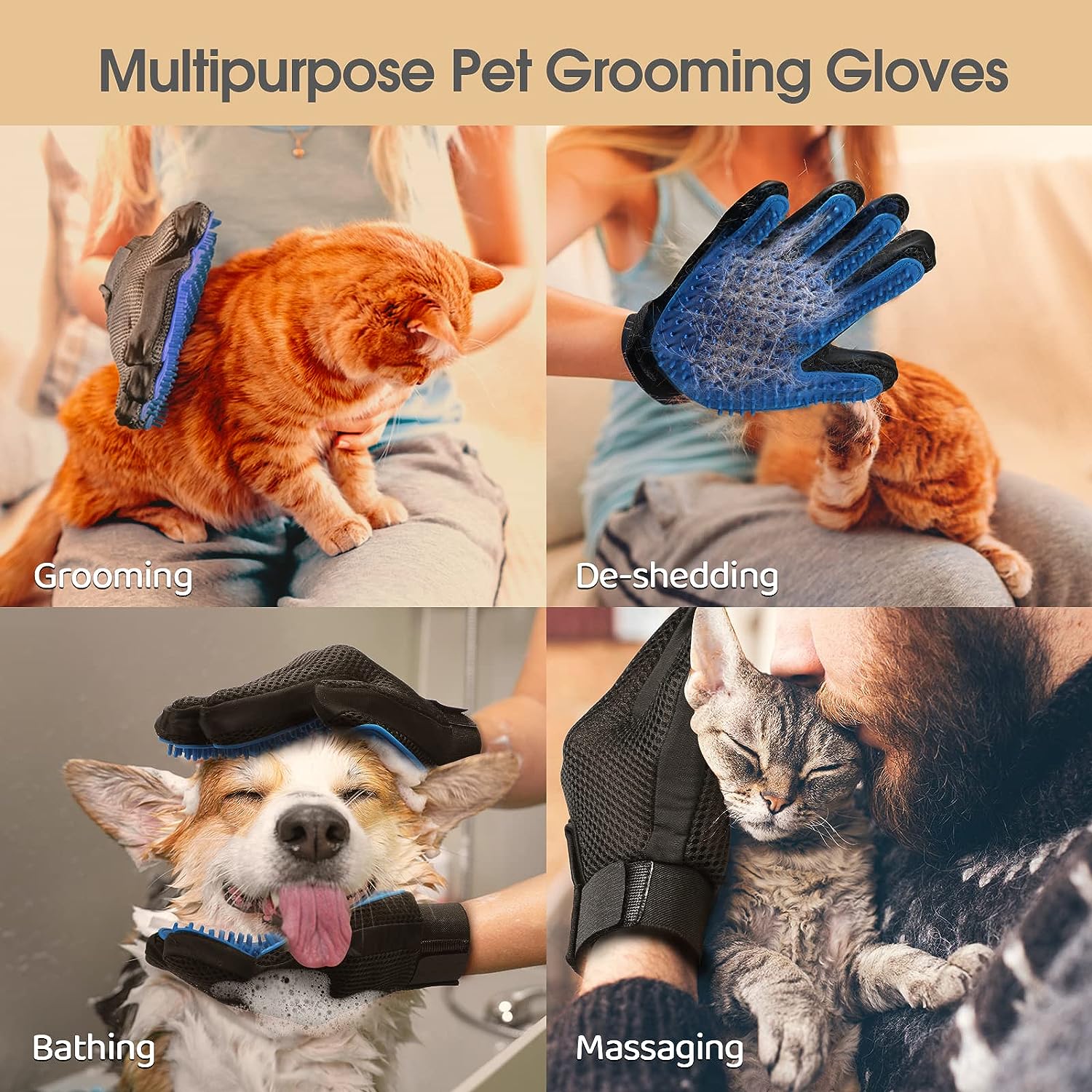 2-in-1 Soft Grooming and Deshedding Gloves for Long and Short Hair Pets